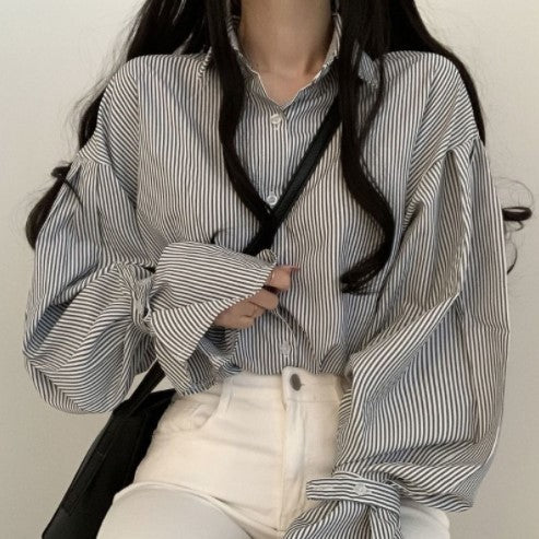 Korean Chic Spring And Autumn New Simple Western Style Lapel Casual Versatile Loose Bell Sleeve Striped Shirt Top For Women