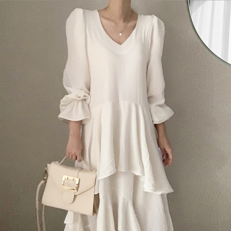V-Neck Irregular Flare Sleeve Dress Women