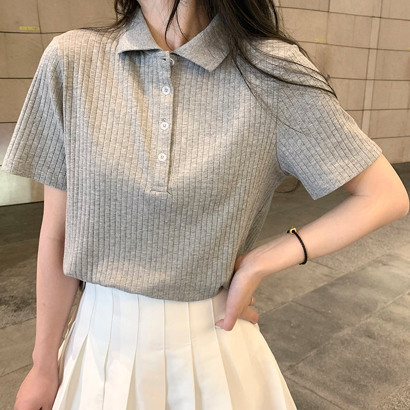 Retro Collar Pit Short-Seeved Women 2021 Loose Korean Style Ins Harajuku Style Sweater