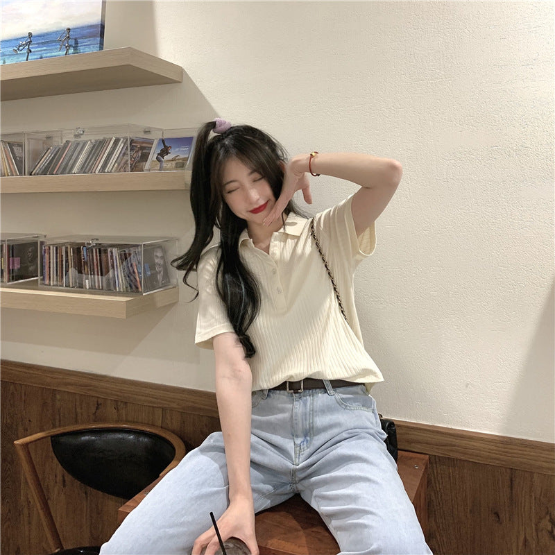 Retro Collar Pit Short-Seeved Women 2021 Loose Korean Style Ins Harajuku Style Sweater
