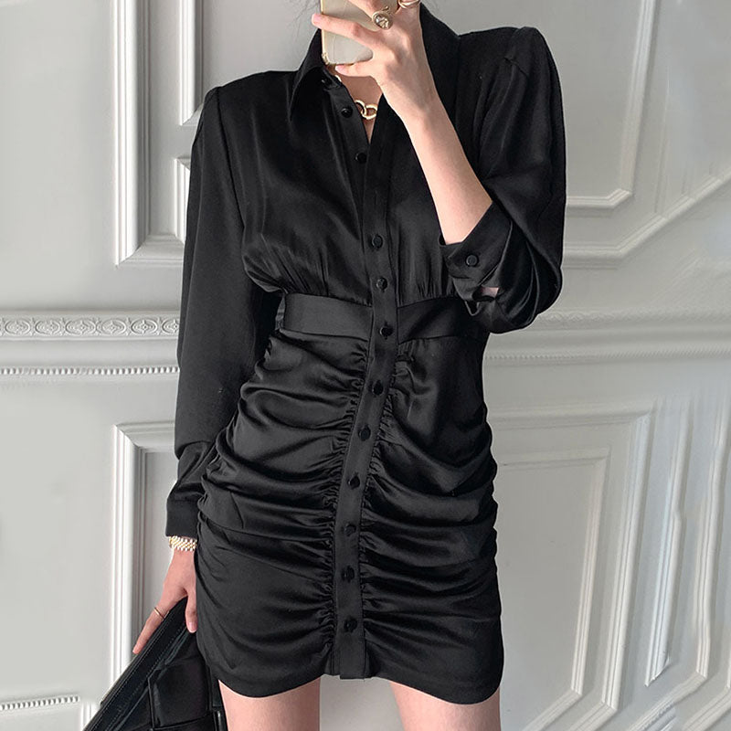 Chic Niche Temperament Lapel Gloss Single-Breasted Design Waist Long Sleeves Pleated Hip Dress Women