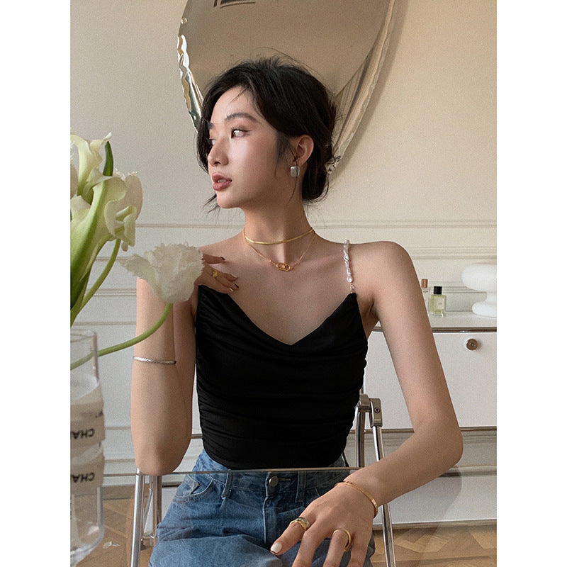 Korean Version Of Pure Desire Style Pearl Decoration Pleated Sling Women