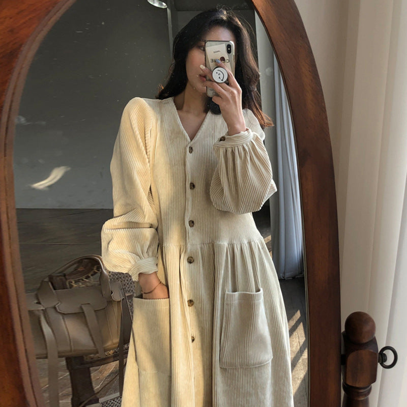 Single Breasted Lantern Sleeve Dress For Women