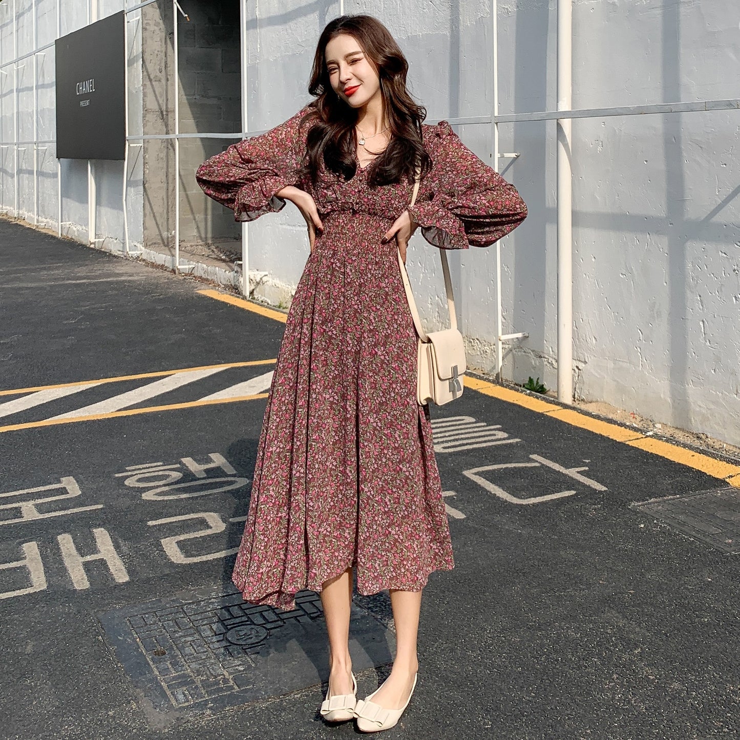 Autumn New Style Retro Temperament Floral Dress Women