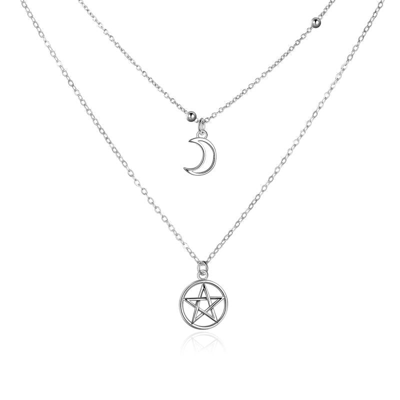 Pentagram Crescent Moon Star Layered Choker Wiccan Jewelry Gifts for Women Sterling Silver