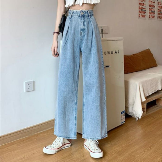 Lace High Waist Jeans Women Loose Straight Wide Leg Pants Trousers