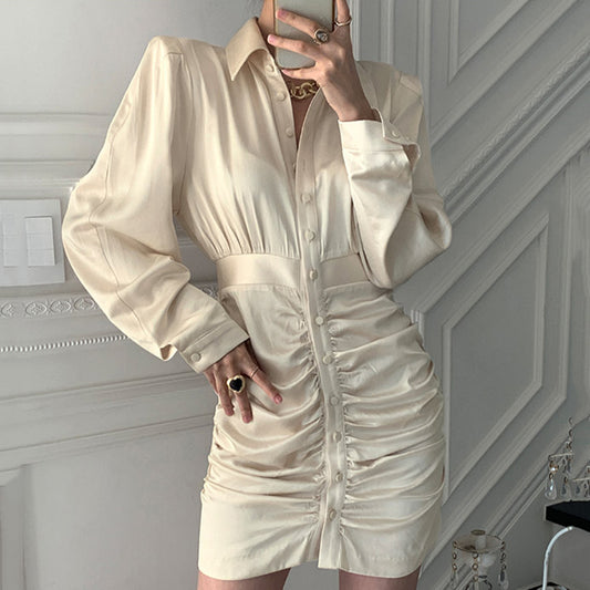 Chic Niche Temperament Lapel Gloss Single-Breasted Design Waist Long Sleeves Pleated Hip Dress Women