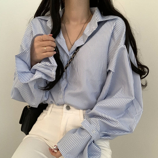 Korean Chic Spring And Autumn New Simple Western Style Lapel Casual Versatile Loose Bell Sleeve Striped Shirt Top For Women